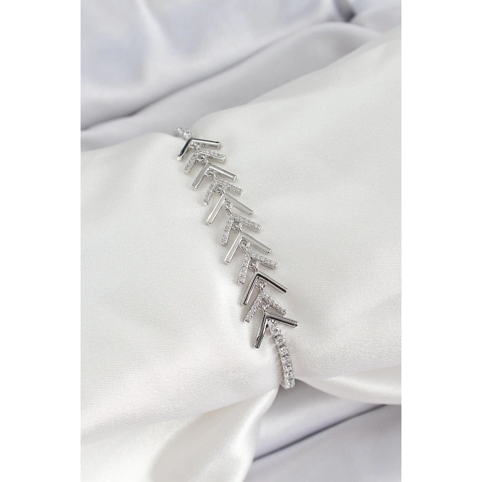 Dodes Dodes Pirinç Gümüş Renk Zirkon Taşlı Balık Sırtı Kadın Bileklik TG27BB7069