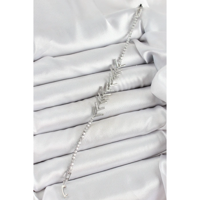 Dodes Dodes Pirinç Gümüş Renk Zirkon Taşlı Balık Sırtı Kadın Bileklik TG27BB7069