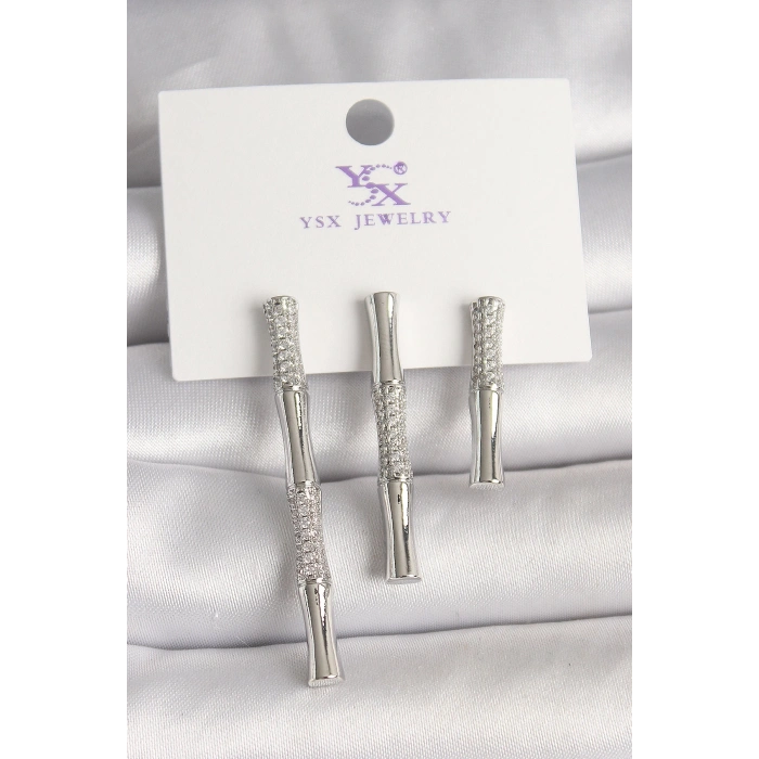 Dodes Dodes Pirinç Gümüş Renk Zirkon Taşlı Bambu Model 3Lü Kadın Kombin Küpe TG27BKP10462