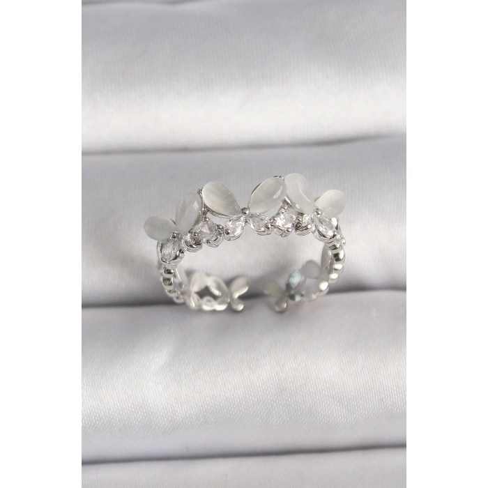 Dodes Dodes Pirinç Gümüş Renk Zirkon Taşlı Beyaz Mineli Kelebek Model Ayarlanabilir Yüzük TG27BYK3530