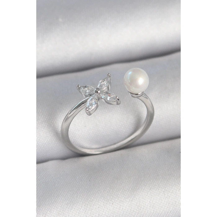 Dodes Dodes Pirinç Gümüş Renk Zirkon Taşlı Çiçek Model İnci Detay Ayarlanabilir Kadın Yüzük TG27BYK3726