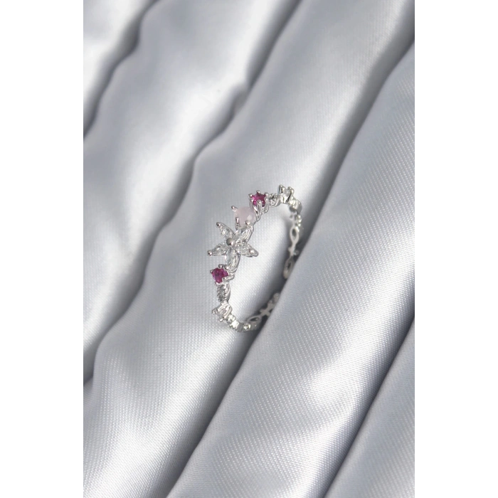 Dodes Dodes Pirinç Gümüş Renk Zirkon Taşlı Çiçek Model Pembe Zirkon Taş Detay Kadın Yüzük TG27BYK2984