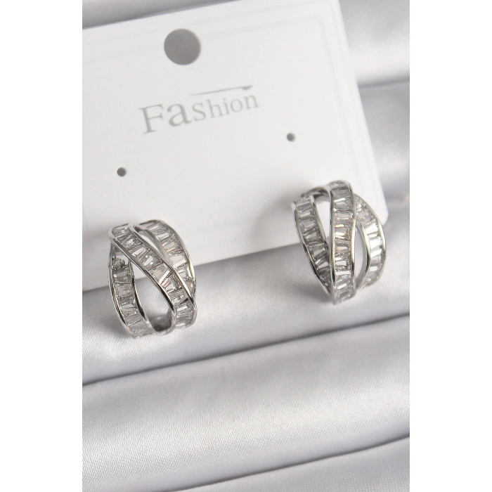 Dodes Dodes Pirinç Gümüş Renk Zirkon Taşlı Düğüm Halka Model Kadın Küpe TG27BKP9944