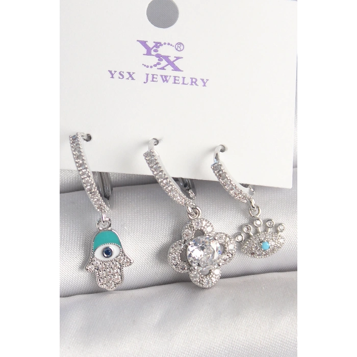 Dodes Dodes Pirinç Gümüş Renk Zirkon Taşlı Fatma Ana Yonca Figür Göz Detay 3Lü Kadın Kombin Küpe TG27BKP10450