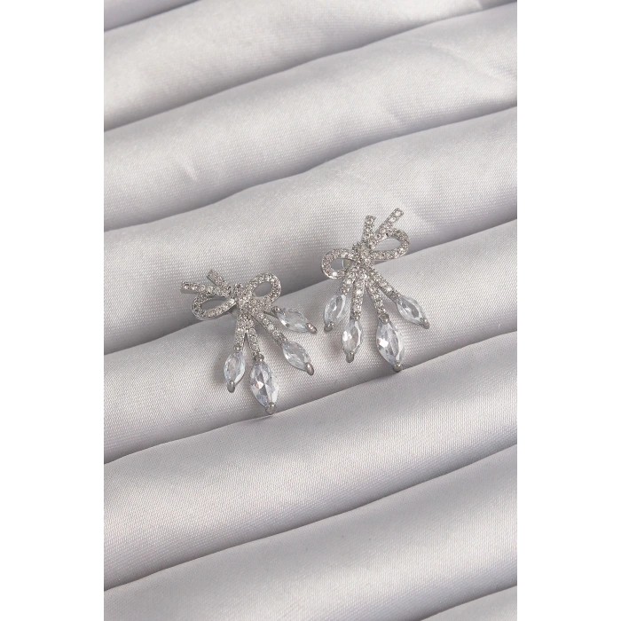 Dodes Dodes Pirinç Gümüş Renk Zirkon Taşlı Fiyonk Küpe TG27BKP9292