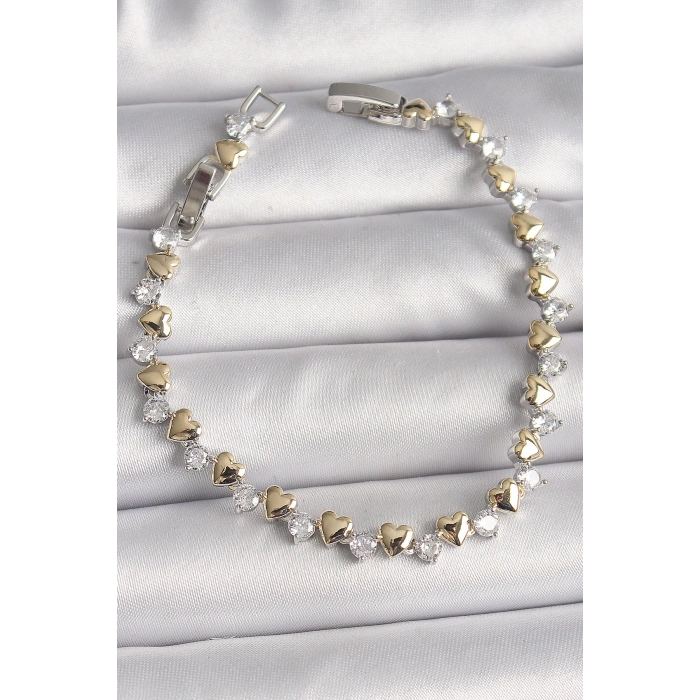 Dodes Dodes Pirinç Gümüş Renk Zirkon Taşlı Gold Kalpli VIP Seri Kadın Bileklik TG27BB6714