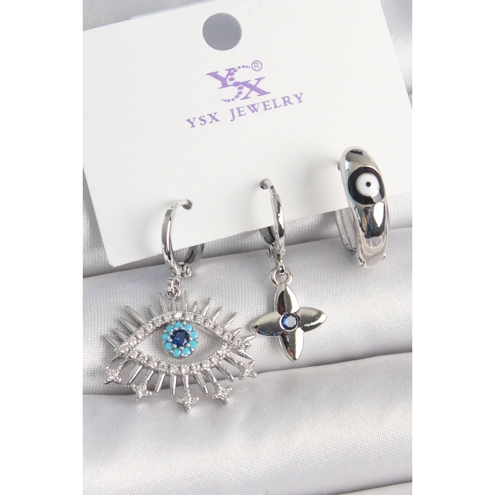 Dodes Dodes Pirinç Gümüş Renk Zirkon Taşlı Göz Model Nazar Boncuk Detay 3Lü Kadın Kombin Küpe TG27BKP10440