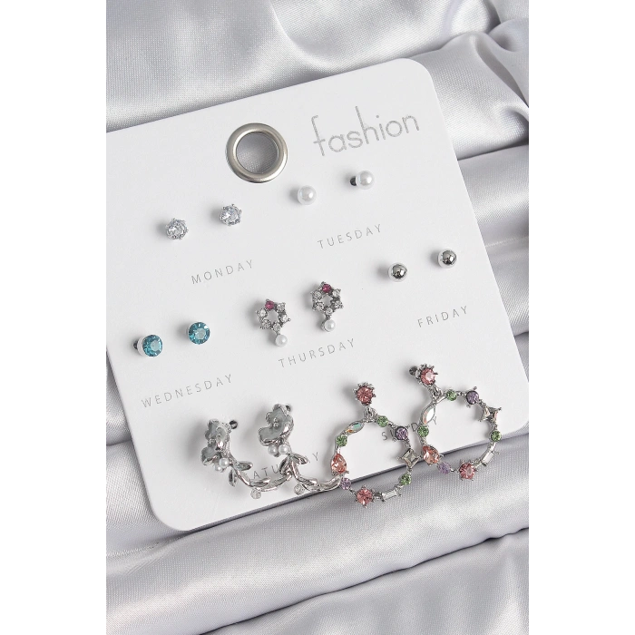 Dodes Dodes Pirinç Gümüş Renk Zirkon Taşlı Gül Figür Halka Model 7 Çift Kadın Küpe Seti TG27BKP10544