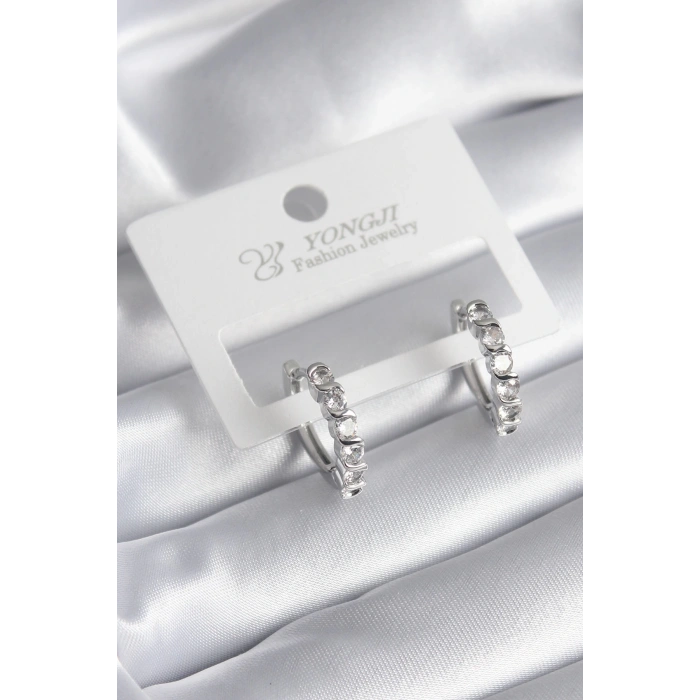 Dodes Dodes Pirinç Gümüş Renk Zirkon Taşlı Halka Model Kadın Küpe TG27BKP10016