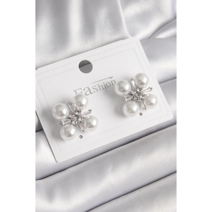 Dodes Dodes Pirinç Gümüş Renk Zirkon Taşlı İncili Kadın Küpe TG27BKP9948