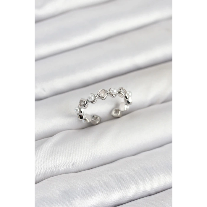 Dodes Dodes Pirinç Gümüş Renk Zirkon Taşlı İncili Kadın Yüzük TG27BYK3877