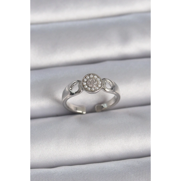 Dodes Dodes Pirinç Gümüş Renk Zirkon Taşlı İncili Kalp İşleme Detay Ayarlanabilir Model Kadın Yüzük TG27BYK3359