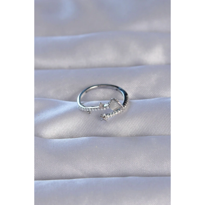 Dodes Dodes Pirinç Gümüş Renk Zirkon Taşlı İncili Satürn Model Ayarlanabilir Yüzük TG27BYK3222