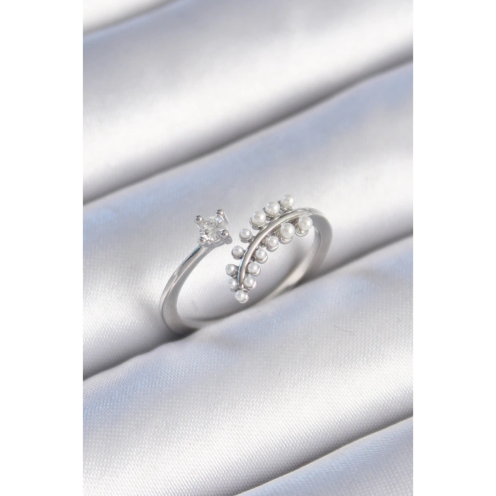 Dodes Dodes Pirinç Gümüş Renk Zirkon Taşlı İncili Yaprak Model Kadın Yüzük TG27BYK3453