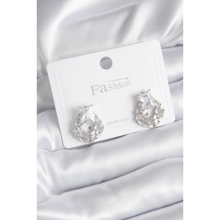 Dodes Dodes Pirinç Gümüş Renk Zirkon Taşlı Kadın Küpe TG27BKP9970