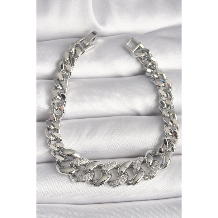 Dodes Dodes Pirinç Gümüş Renk Zirkon Taşlı Kalın Halka Model Kadın Bileklik TG27BB6854