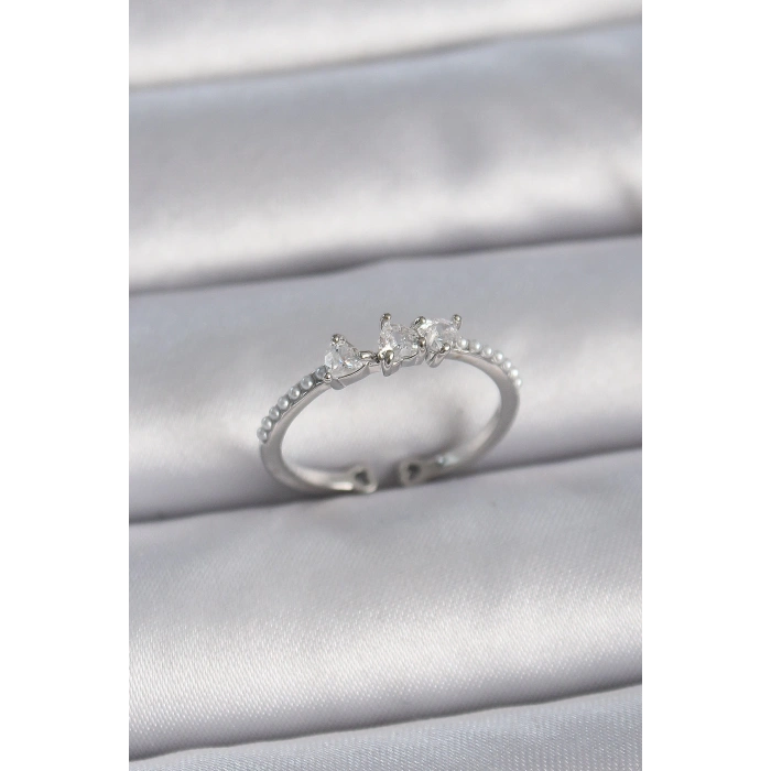 Dodes Dodes Pirinç Gümüş Renk Zirkon Taşlı Kalp İnci Detay Ayarlanabilir Model Kadın Yüzük TG27BYK3363