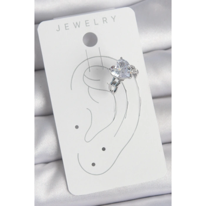 Dodes Dodes Pirinç Gümüş Renk Zirkon Taşlı Kalp Model Kadın Kıkırdak Küpe TG27BKP10563