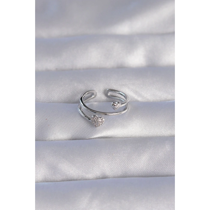 Dodes Dodes Pirinç Gümüş Renk Zirkon Taşlı Kalpli Model Ayarlanabilir Yüzük TG27BYK3202