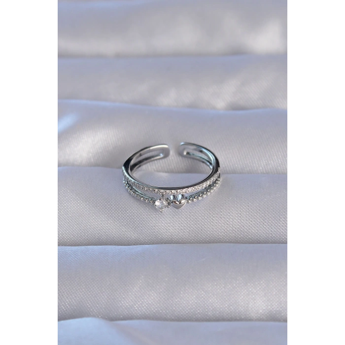 Dodes Dodes Pirinç Gümüş Renk Zirkon Taşlı Kalpli Su Yolu Model Ayarlanabilir Yüzük TG27BYK3220