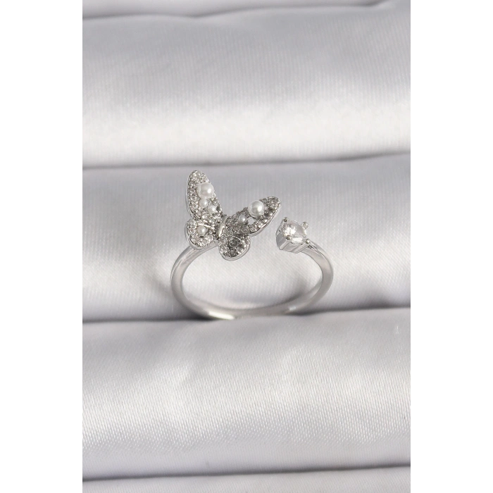Dodes Dodes Pirinç Gümüş Renk Zirkon Taşlı Kelebek Model İnci Detay Ayarlanabilir Yüzük TG27BYK3534