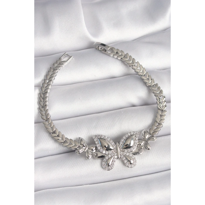 Dodes Dodes Pirinç Gümüş Renk Zirkon Taşlı Kelebek Model Kadın Bileklik TG27BB6815