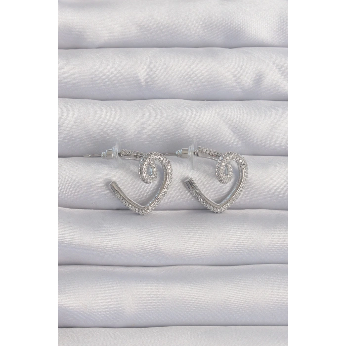 Dodes Dodes Pirinç Gümüş Renk Zirkon Taşlı Kıvrımlı Yarım Kalp Küpe TG27BKP9278