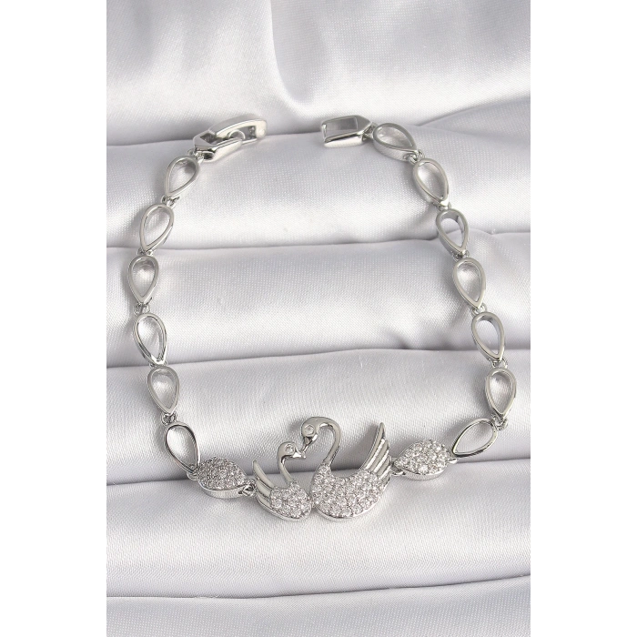 Dodes Dodes Pirinç Gümüş Renk Zirkon Taşlı Kuğu Figür Damla Zincir Model Kadın Bileklik TG27BB6850