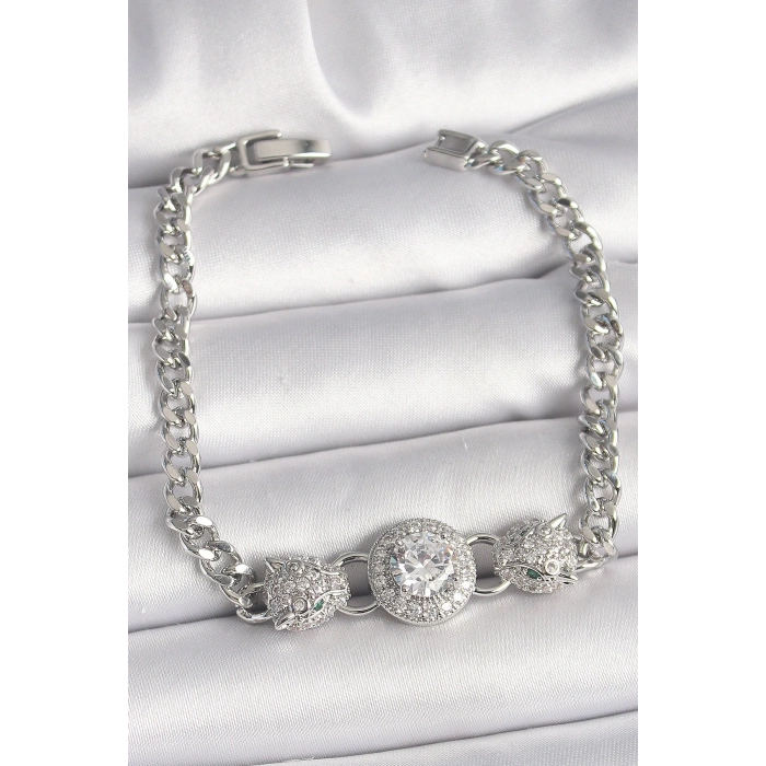 Dodes Dodes Pirinç Gümüş Renk Zirkon Taşlı Leopar Figür Zincir Model Kadın Bileklik TG27BB6829