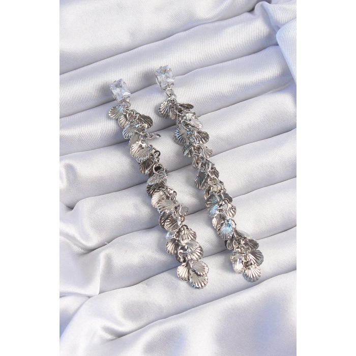 Dodes Dodes Pirinç Gümüş Renk Zirkon Taşlı Minimal Deniz Kabuklu Sallantılı Küpe TG27BKP9253