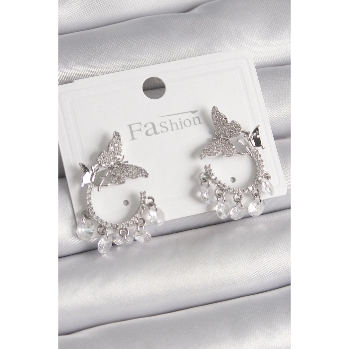 Dodes Dodes Pirinç Gümüş Renk Zirkon Taşlı Sallantı Detay Kelebek Model Kadın Küpe TG27BKP9902