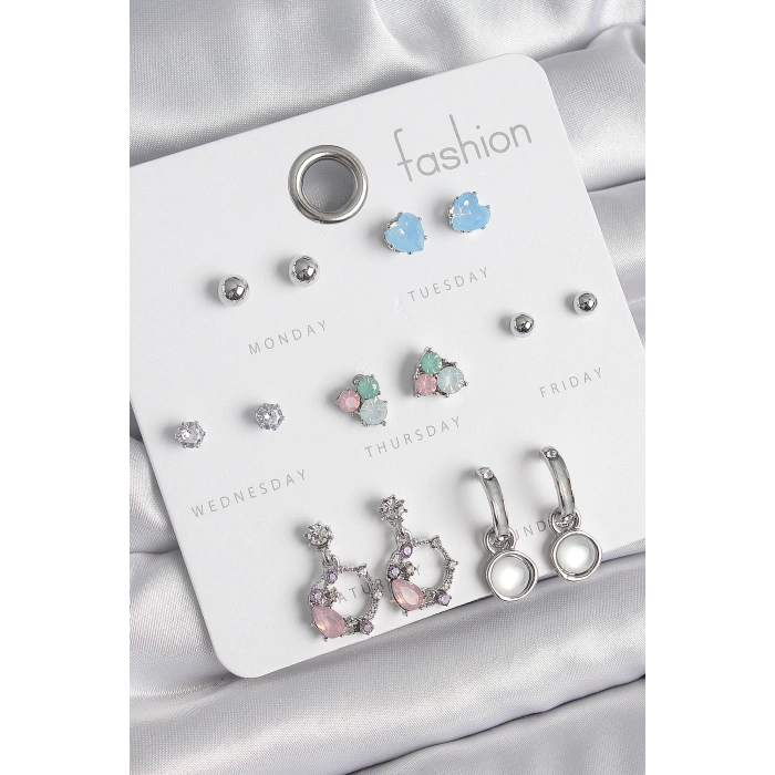 Dodes Dodes Pirinç Gümüş Renk Zirkon Taşlı Sallantı Halka Model Çiçek Detay 7 Çift Kadın Küpe Seti TG27BKP10545