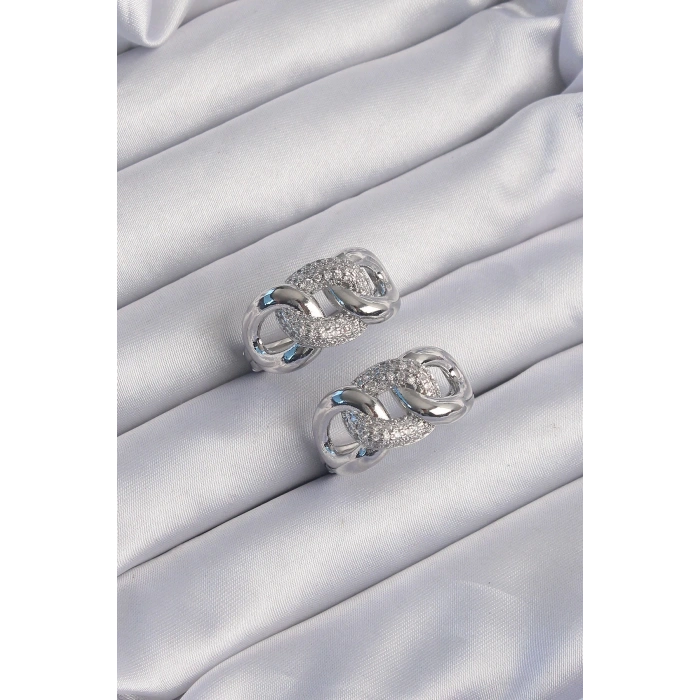 Dodes Dodes Pirinç Gümüş Renk Zirkon Taşlı Samanyolu Küpe TG27BKP9199