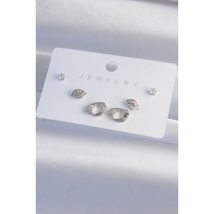 Dodes Dodes Pirinç Gümüş Renk Zirkon Taşlı Yaprak Model Küpe Seti TG27BKP9324