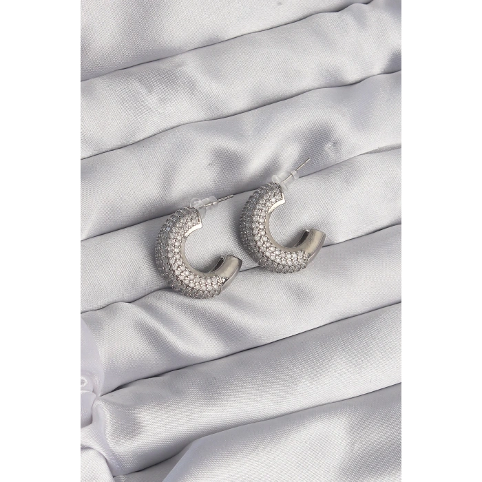 Dodes Dodes Pirinç Gümüş Renk Zirkon Taşlı Yarım Halka Küpe TG27BKP9114