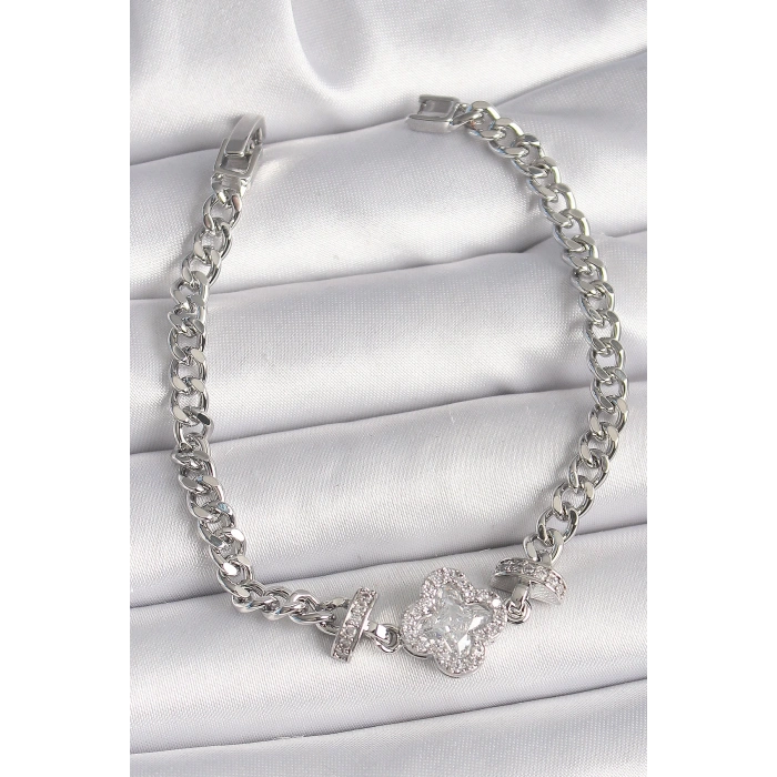 Dodes Dodes Pirinç Gümüş Renk Zirkon Taşlı Yonca Figür Zincir Model Kadın Bileklik TG27BB6819