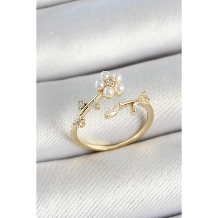 Dodes Dodes Pirinç İnci Detaylı Papatya Figürlü Zirkon Taşlı Gold Renk Ayarlanabilir Kadın Yüzük TG27BYK3770