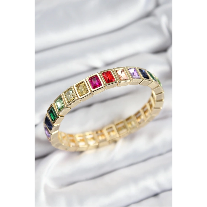 Dodes Dodes Pirinç Karışık Zirkon Taşlı Dikdörtgen Model Gold Renk Lastikli Kadın Bileklik TG27BB7493