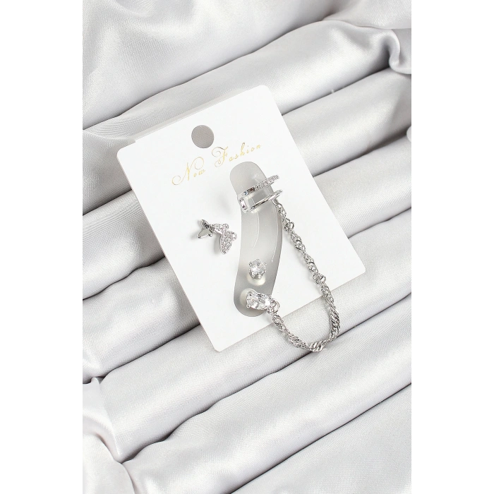 Dodes Dodes Pirinç Kelebek Figürlü Zirkon Taşlı Gümüş Renk 3lü Kıkırdak Kadın Küpe Set TG27BKP10659