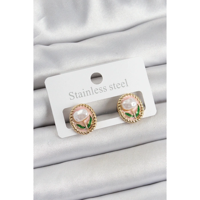 Dodes Dodes Pirinç Pembe Mineli Lale Figürlü Sanatsal Portre Model Gold Renk Kadın Küpe TG27BKP10672