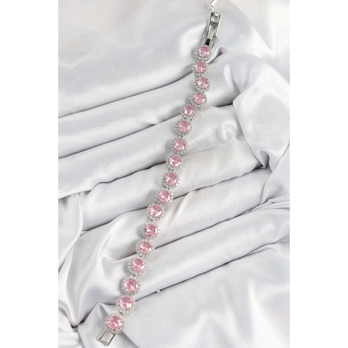 Dodes Dodes Pirinç Pembe Zirkon Taşlı Daire Baget Model Gümüş Renk VIP Seri Kadın Bileklik TG27BB7511
