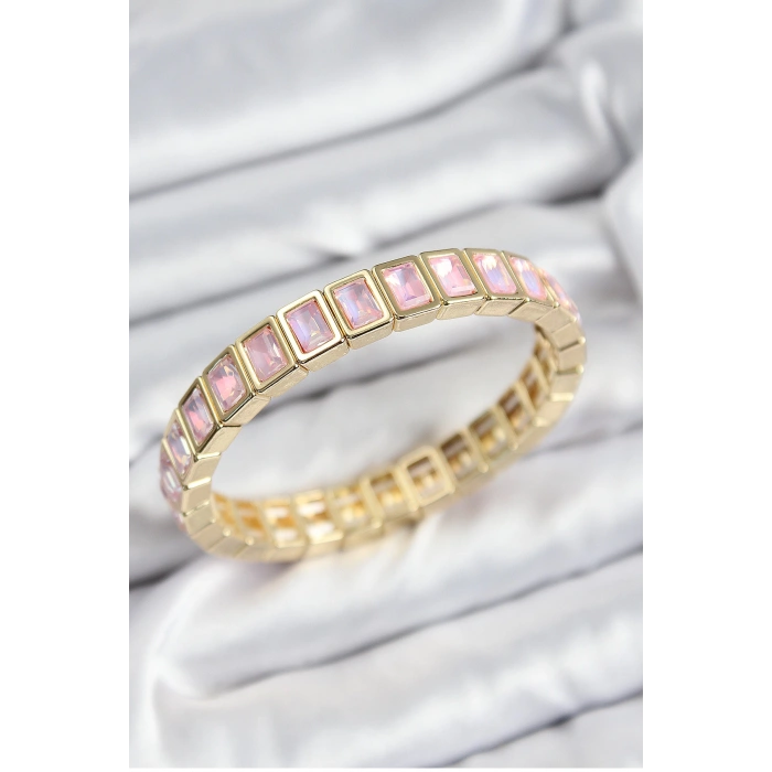 Dodes Dodes Pirinç Pembe Zirkon Taşlı Dikdörtgen Model Gold Renk Lastikli Kadın Bileklik TG27BB7491