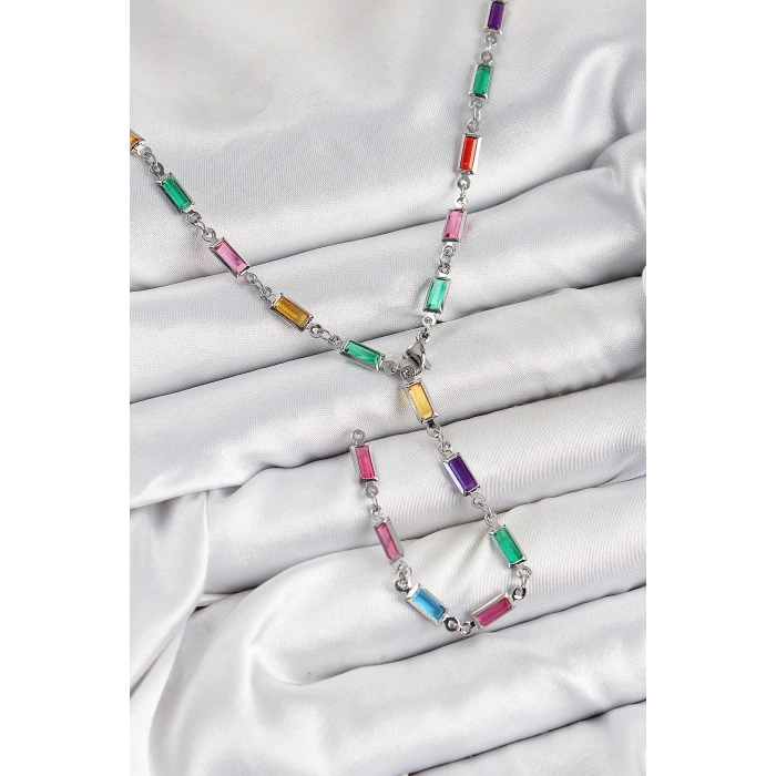 Dodes Dodes Pirinç Renkli Zirkon Taşlı Dikdörtgen Model Gümüş Renk Kadın Y Kolye TG27BKO10385