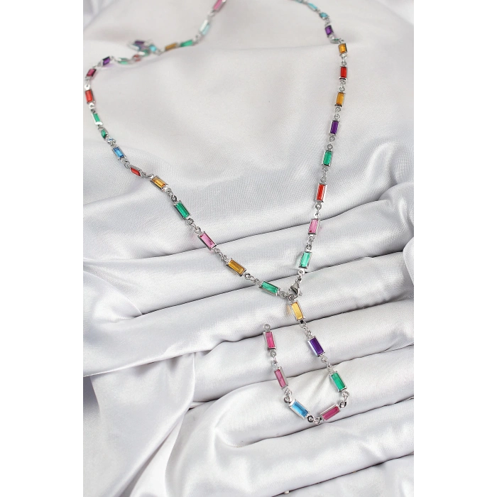 Dodes Dodes Pirinç Renkli Zirkon Taşlı Dikdörtgen Model Gümüş Renk Kadın Y Kolye TG27BKO10385