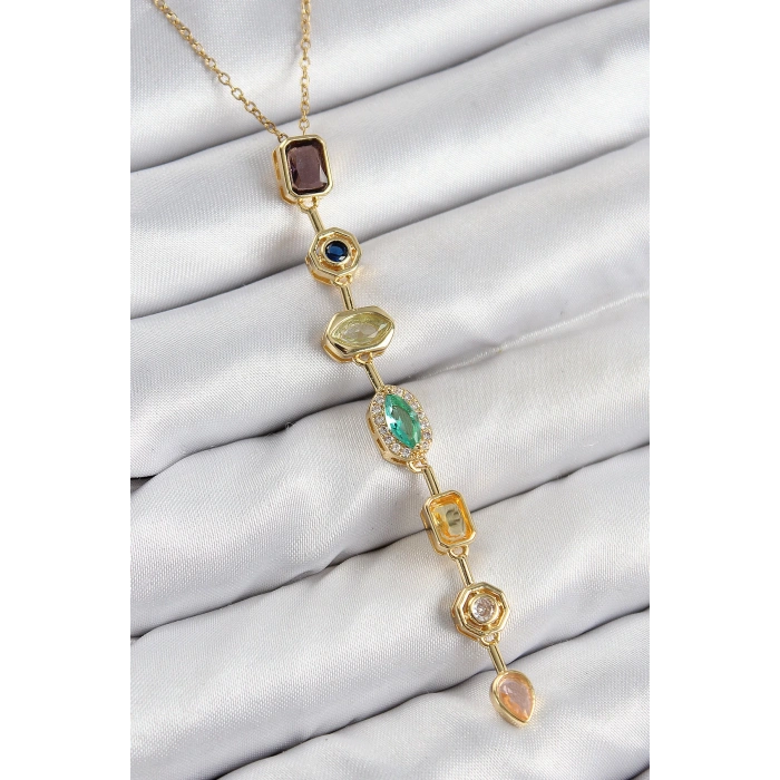 Dodes Dodes Pirinç Renkli Zirkon Taşlı Model Gold Renk 7 Element Kadın Y Kolye TG27BKO10439