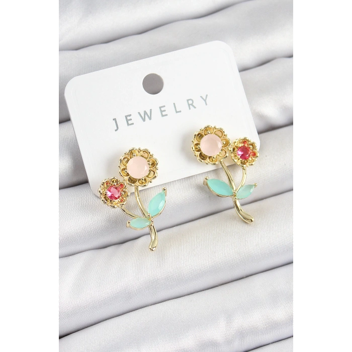 Dodes Dodes Pirinç Renkli Zirkon Taşlı Papatya Model Gold Renk Kadın Küpe TG27BKP10746