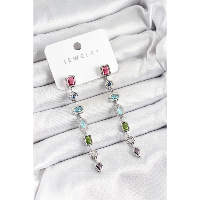 Dodes Dodes Pirinç Renkli Zirkon Taşlı Sallantılı Model Gümüş Renk Kadın Küpe TG27BKP10743