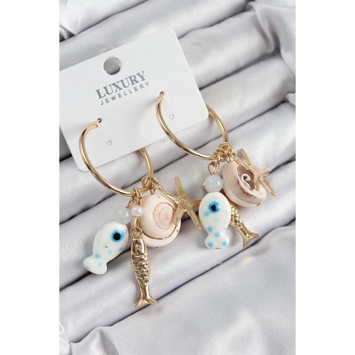 Dodes Dodes Pirinç Sallantılı Seramik Balık Ve Deniz Kabuğu Model Gold Renk Kadın Küpe TG27BKP11081