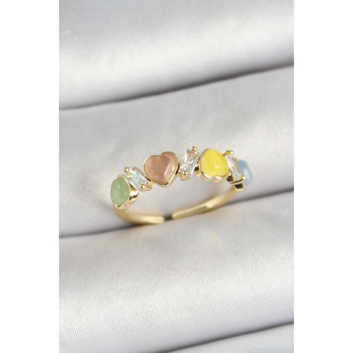 Dodes Dodes Pirinç Sıralı Kalp Figürlü Zirkon Taşlı Gold Renk Ayarlanabilir Kadın Yüzük TG27BYK3756