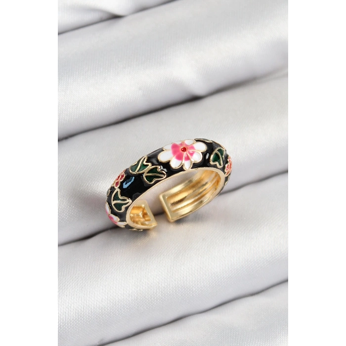 Dodes Dodes Pirinç Siyah Mineli Çiçek Motifli Gold Renk Ayarlanabilir Kadın Yüzük TG27BYK3805